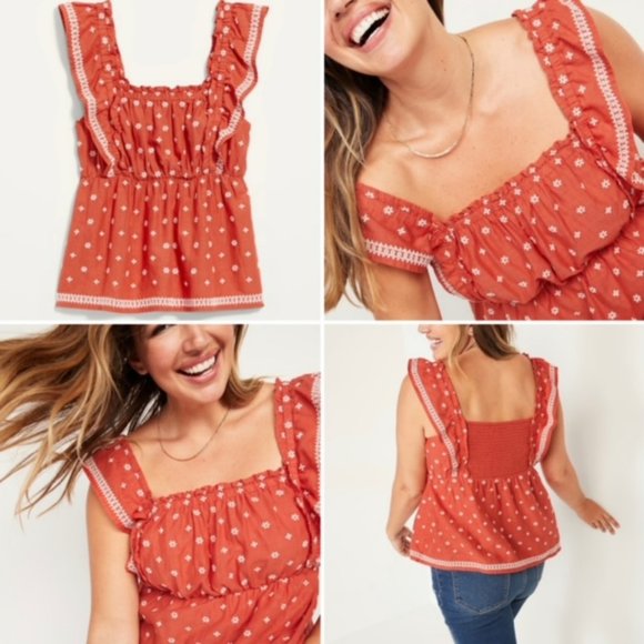 Old Navy Sleeveless Ruffled Embroidered Swing Blouse Red/Orange, NWT- Size XS - Picture 6 of 6